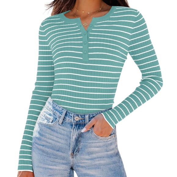 ZESICA Womens Long Sleeve Striped Button Up Sweater Mint. Size XL - Picture 2 of 6